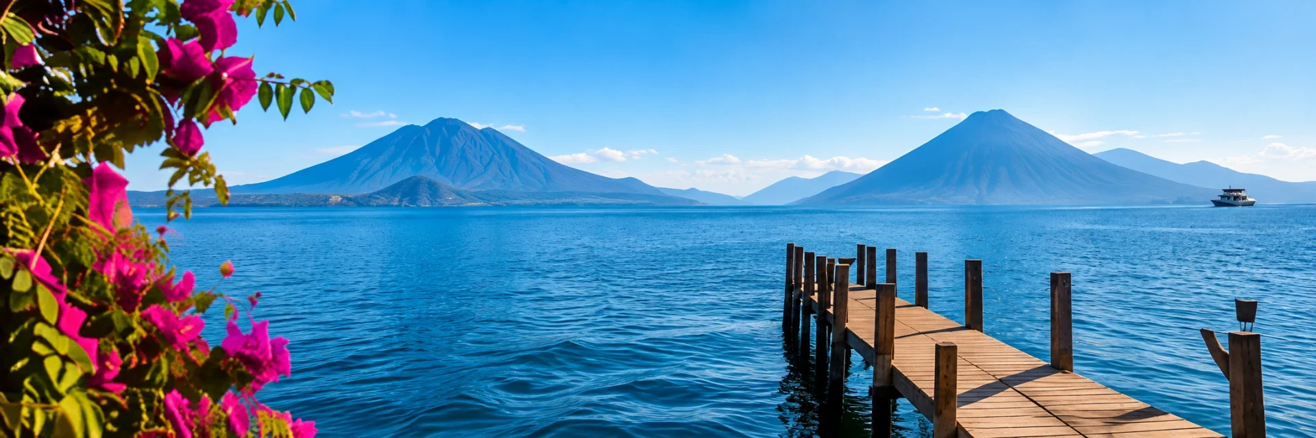 Lake Atitlán, pier and volcanoes