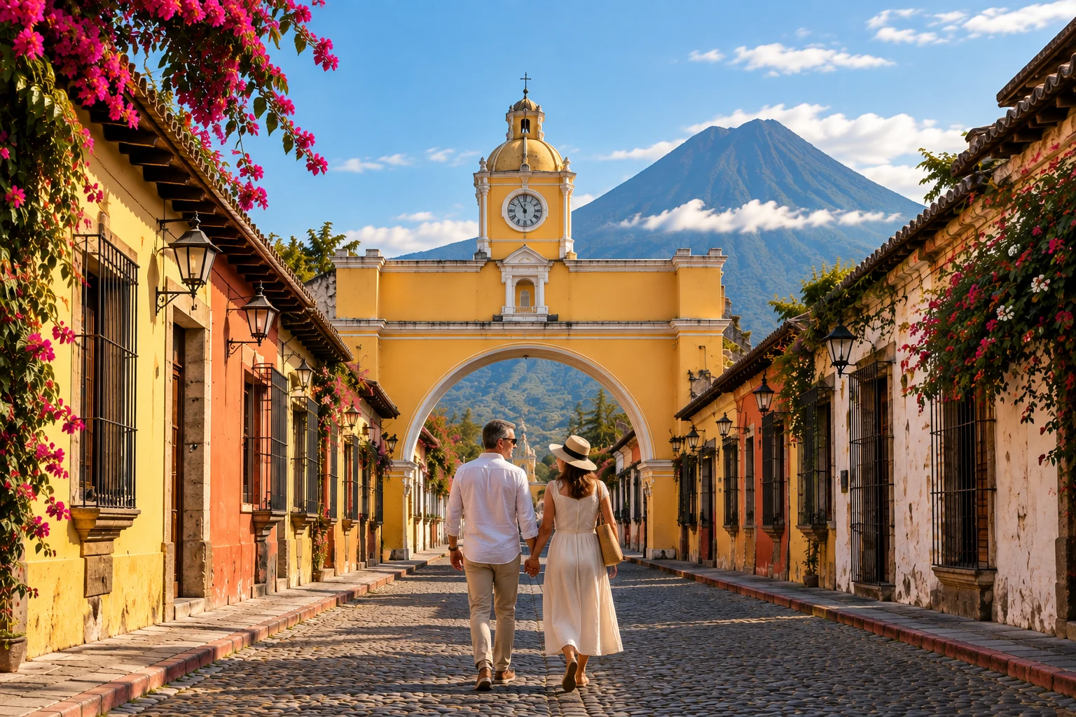 Couple walking through Antigua Guatemala with the Santa Catalina Arch and volcano beyond
